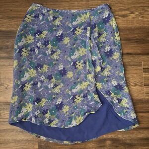 Vintage 90s Y2K Knee Length 100% Silk Skirt Purple Floral Sz 8 Cottagecore Indie